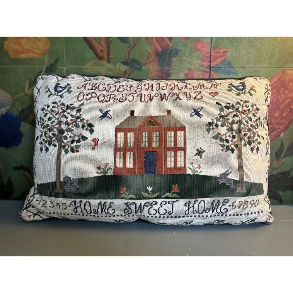 Vintage Sampler Pillow 17.5" Folk Art House Cottagecore Home Sweet Home